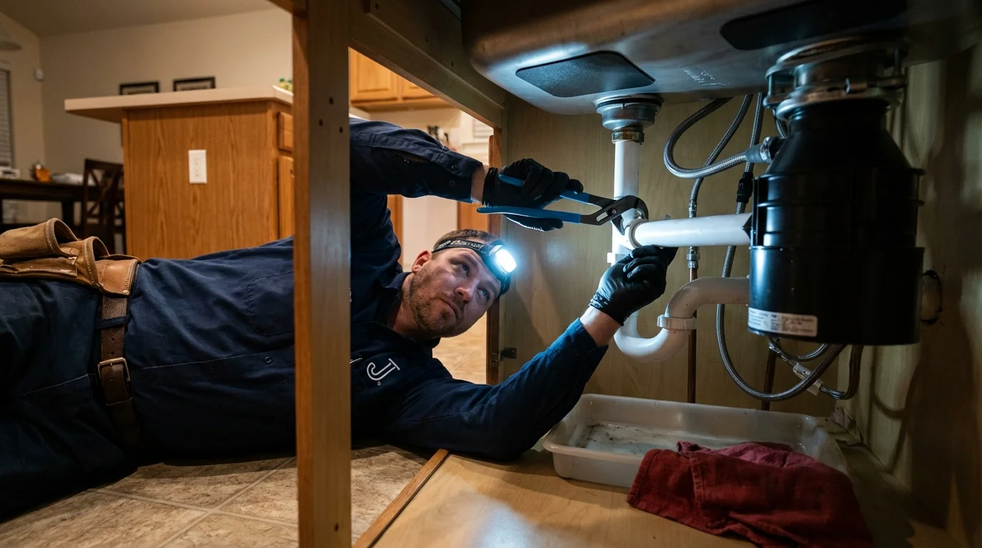 P-trap and supply line connections under a kitchen sink showing a common leak point in Tyrone, GA